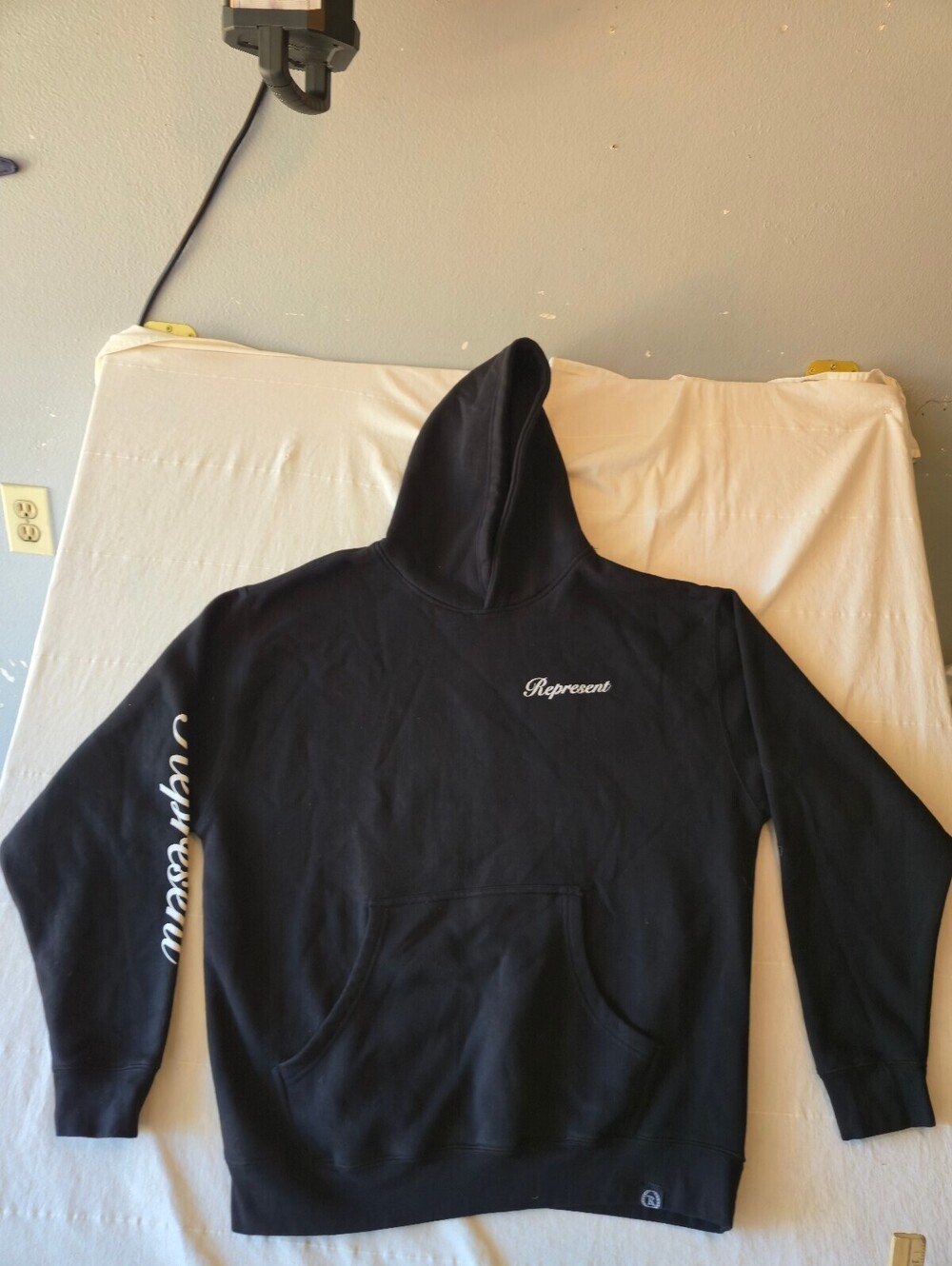 Represent Black Hoodie with White Script Logo Size XL